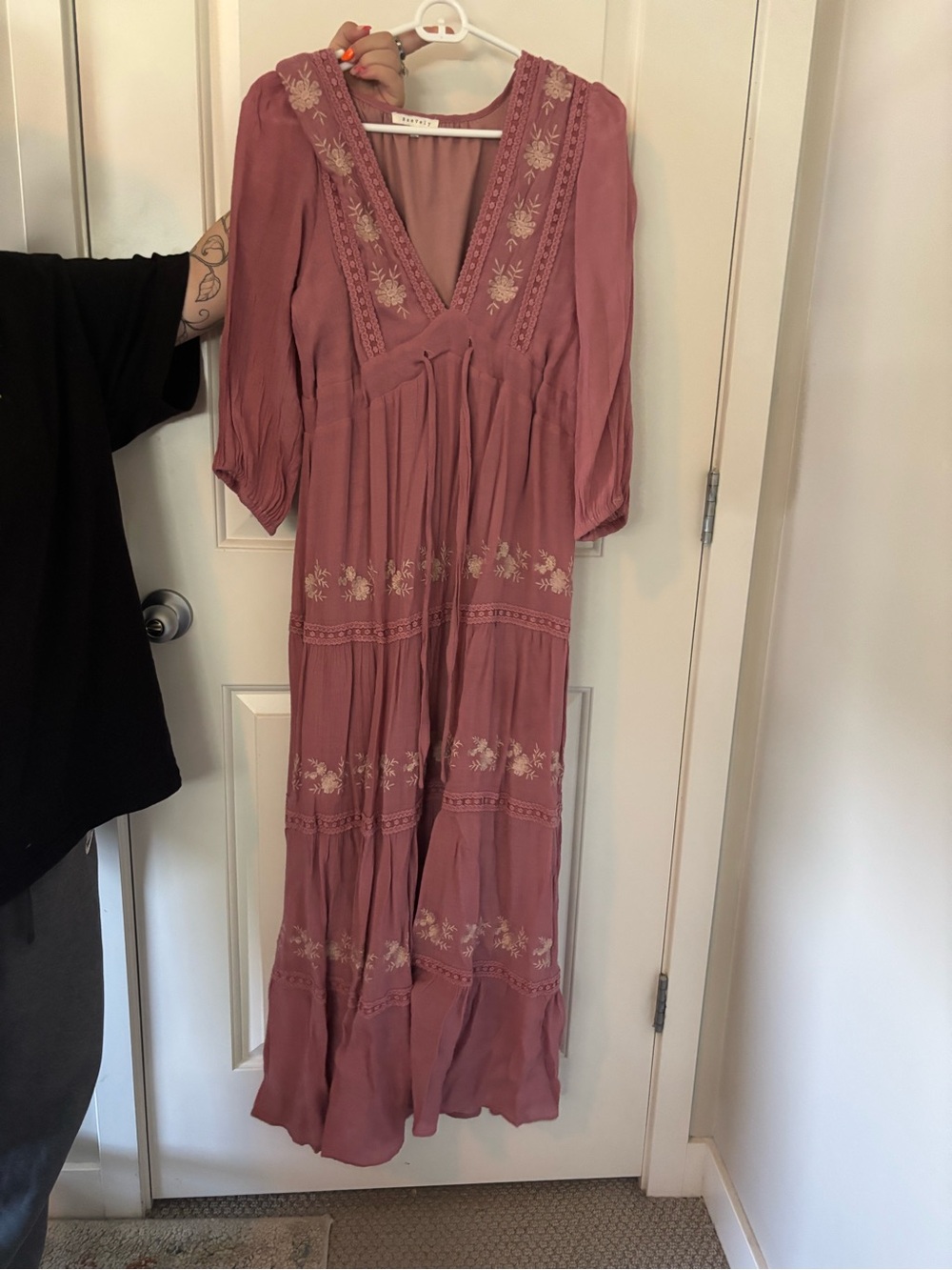 Embroidered V-Neck Maxi Dress in Dusty Rose - Picture 1 of 3